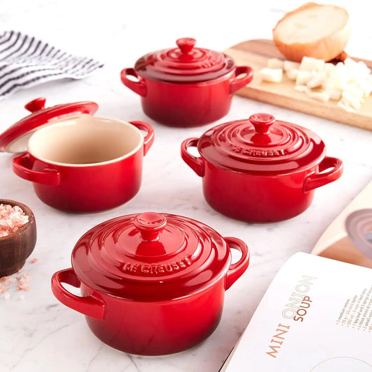 Le Creuset Stoneware 8 oz. Cocottes with Cookbook, Set of 4, "Cerise"